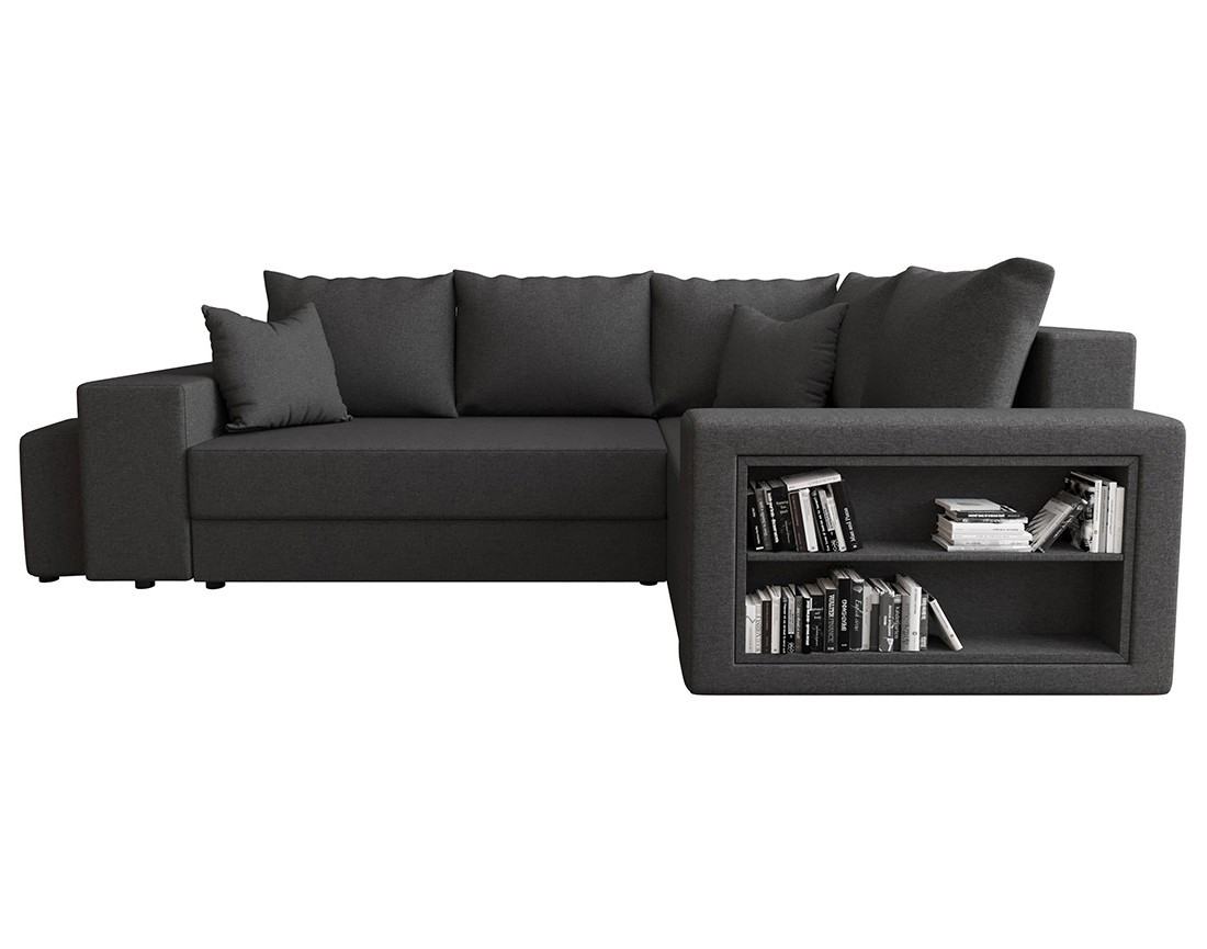 Canapé d'angle droit 4 places convertible avec coffre, étagère et poufs en tissu Libbie