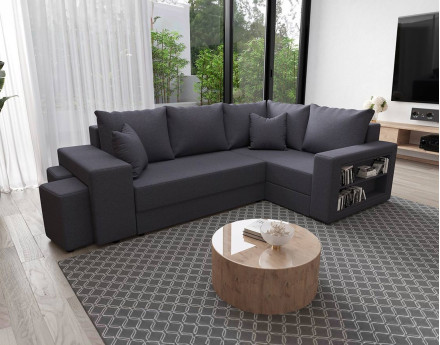 Canapé d'angle droit 4 places convertible avec coffre, étagère et poufs en tissu Libbie