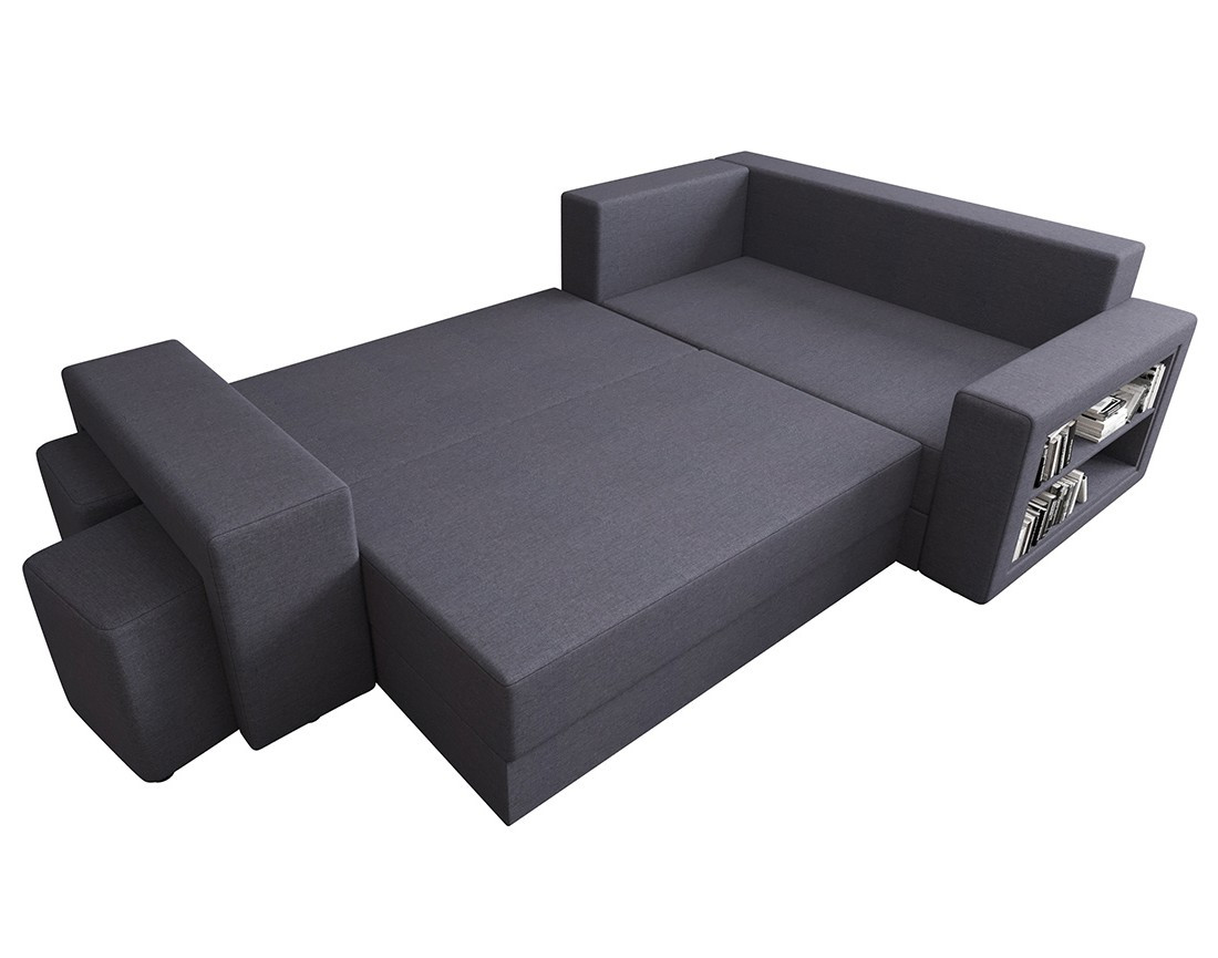Canapé d'angle droit 4 places convertible avec coffre, étagère et poufs en tissu Libbie