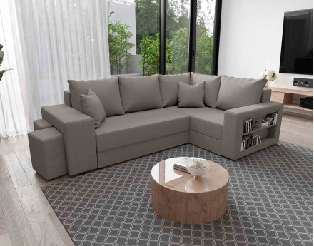 Canapé d'angle droit 4 places convertible avec coffre, étagère et poufs en tissu Libbie
