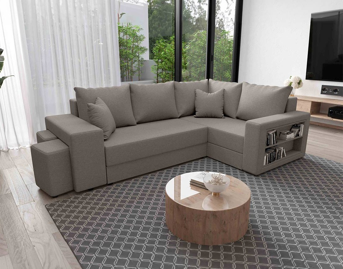 Canapé d'angle droit 4 places convertible avec coffre, étagère et poufs en tissu Libbie