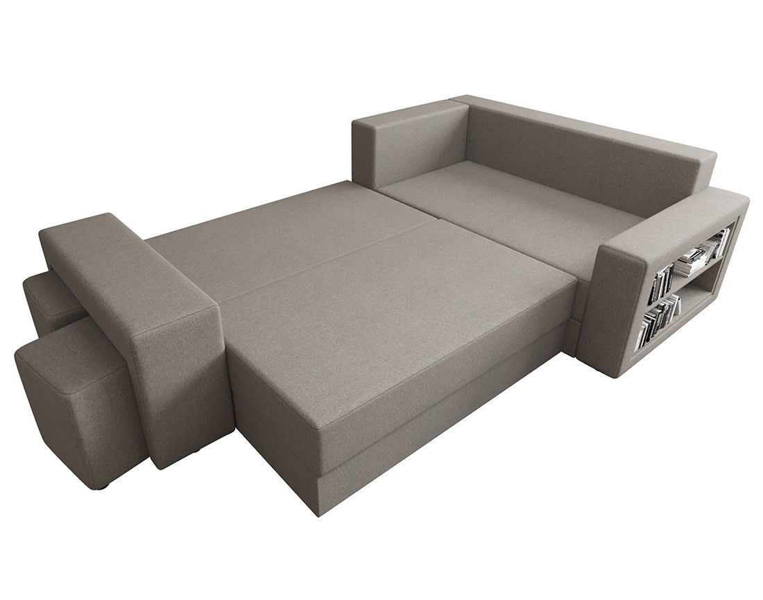 Canapé d'angle droit 4 places convertible avec coffre, étagère et poufs en tissu Libbie