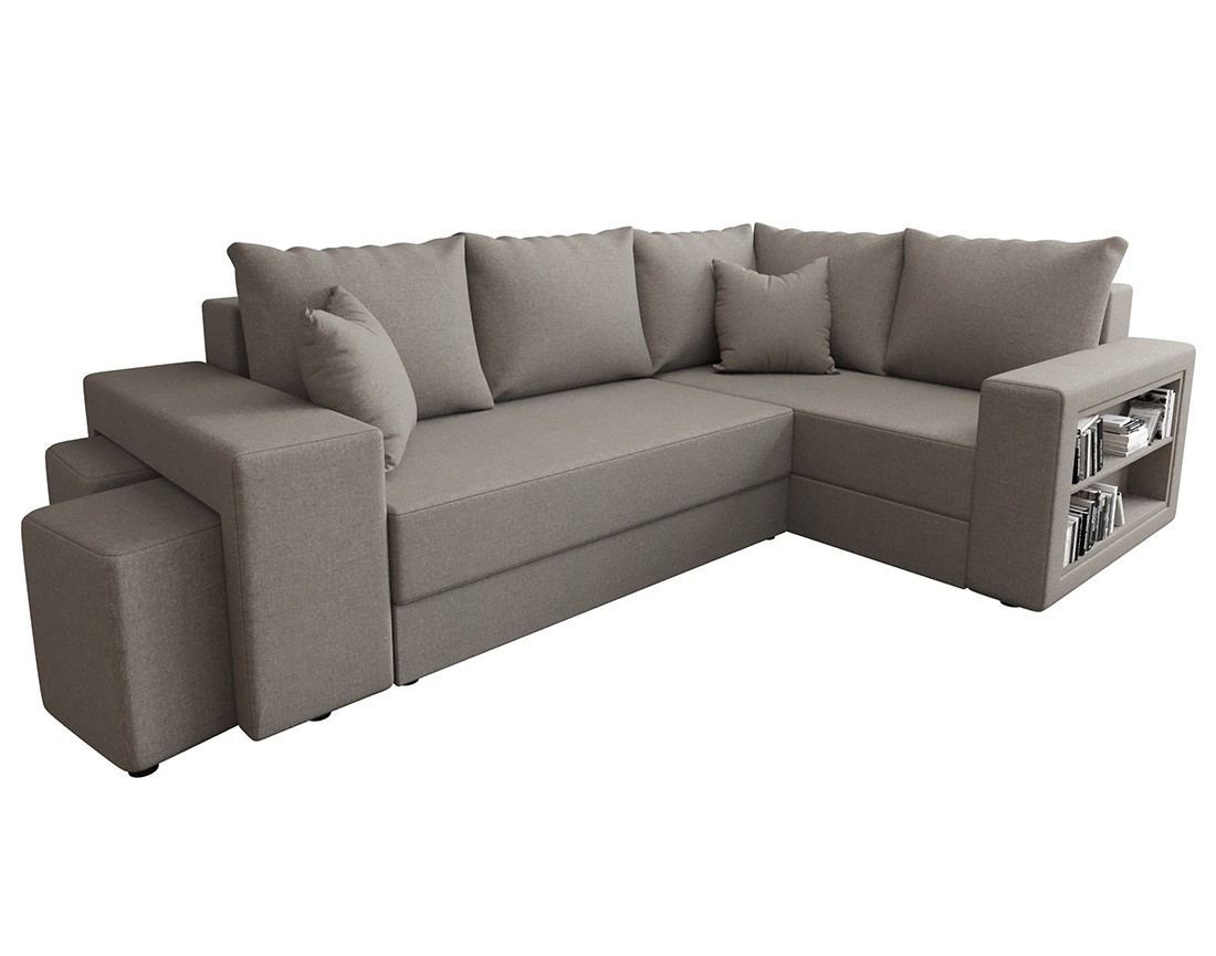 Canapé d'angle droit 4 places convertible avec coffre, étagère et poufs en tissu Libbie