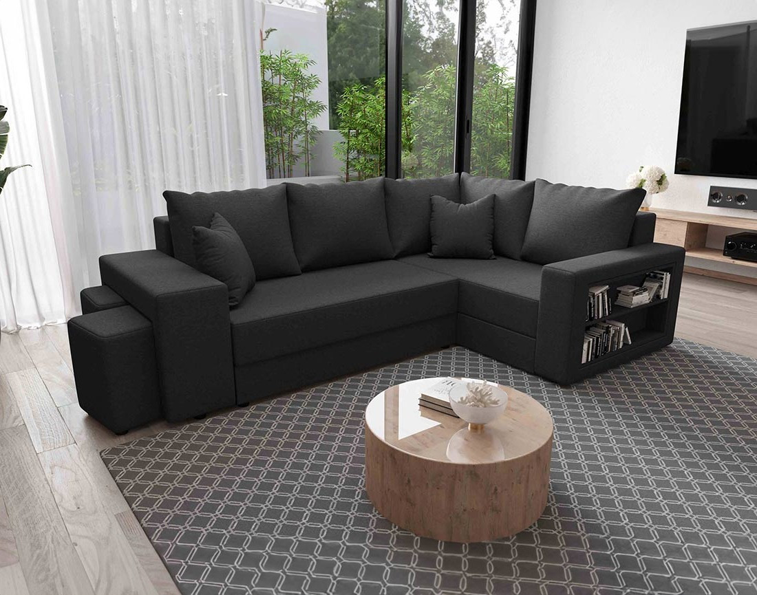 Canapé d'angle droit 4 places convertible avec coffre, étagère et poufs en tissu Libbie