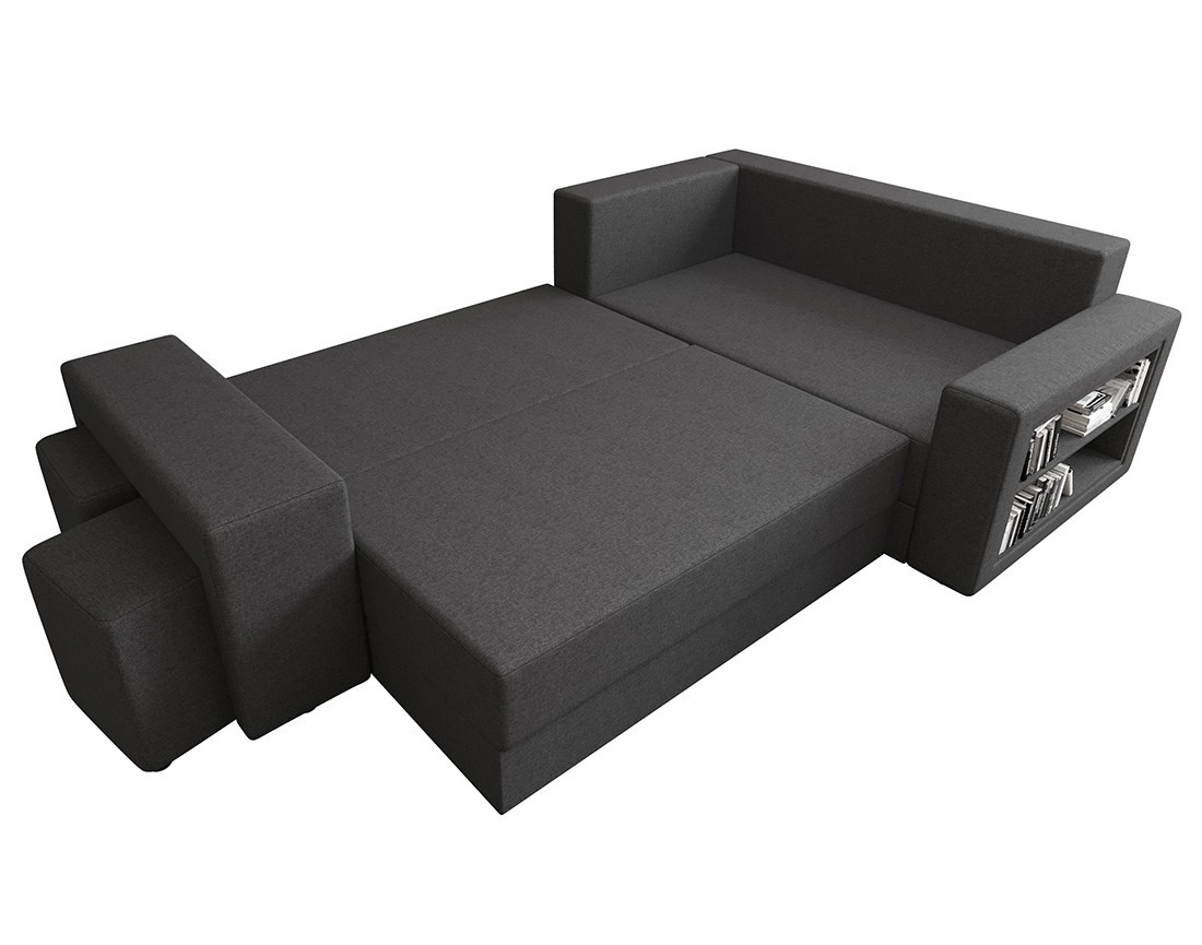Canapé d'angle droit 4 places convertible avec coffre, étagère et poufs en tissu Libbie