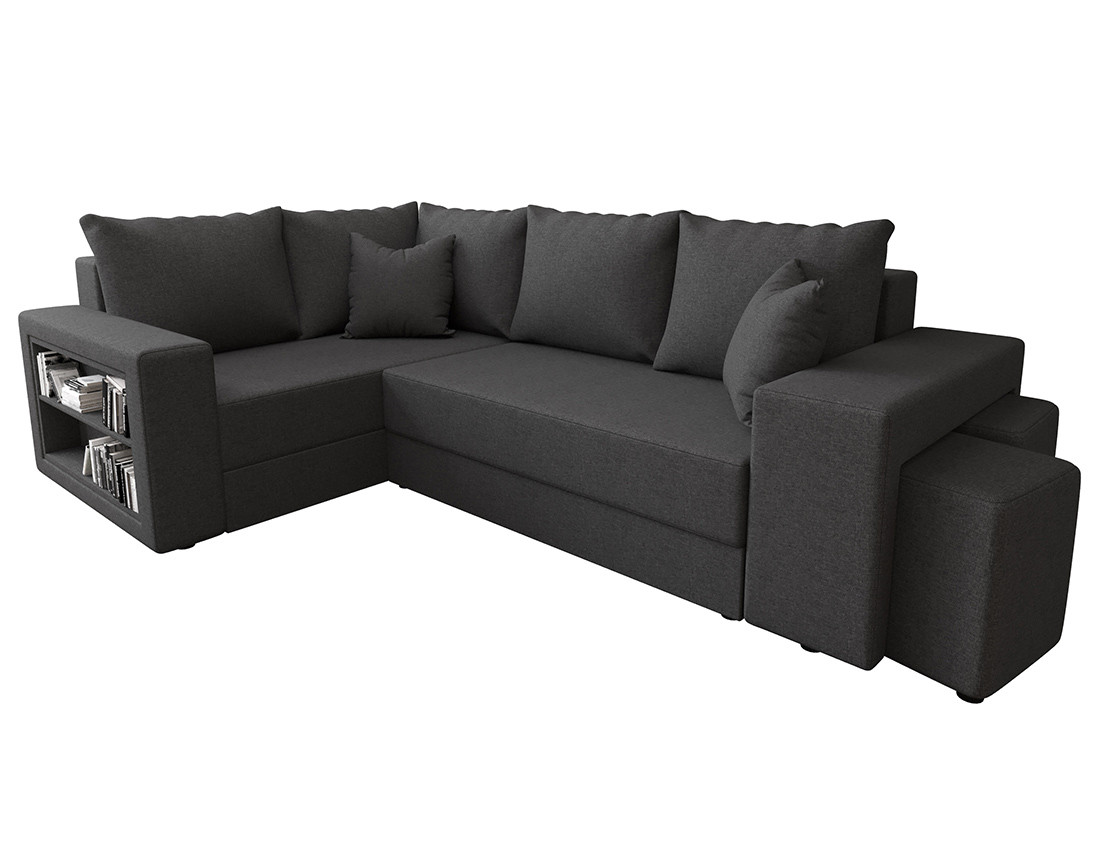 Canapé d'angle gauche 4 places convertible avec coffre, étagère et poufs en tissu Libbie