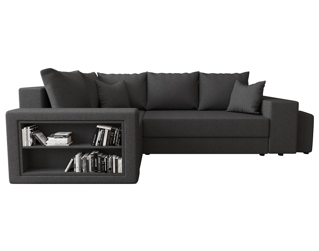 Canapé d'angle gauche 4 places convertible avec coffre, étagère et poufs en tissu Libbie