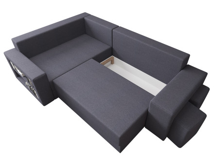 Canapé d'angle gauche 4 places convertible avec coffre, étagère et poufs en tissu Libbie