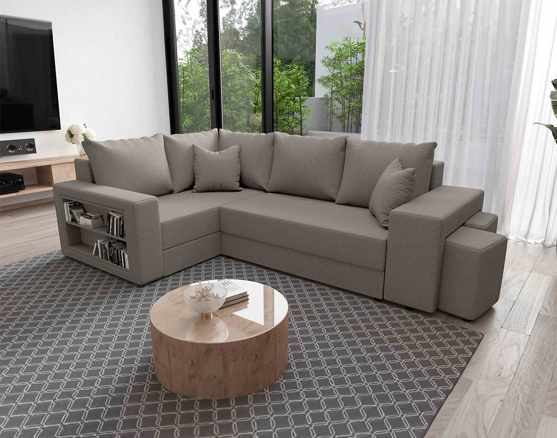 Canapé d'angle gauche 4 places convertible avec coffre, étagère et poufs en tissu Libbie