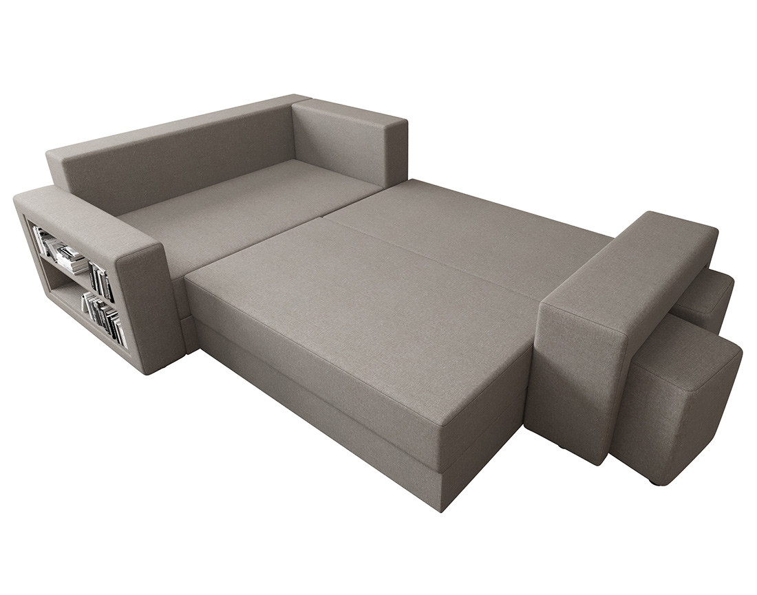Canapé d'angle gauche 4 places convertible avec coffre, étagère et poufs en tissu Libbie
