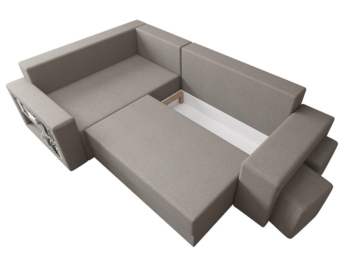 Canapé d'angle gauche 4 places convertible avec coffre, étagère et poufs en tissu Libbie