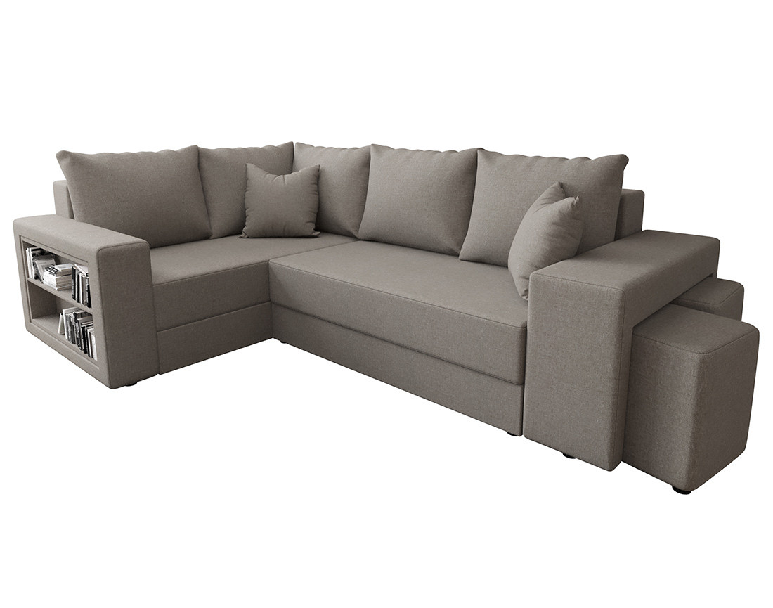 Canapé d'angle gauche 4 places convertible avec coffre, étagère et poufs en tissu Libbie