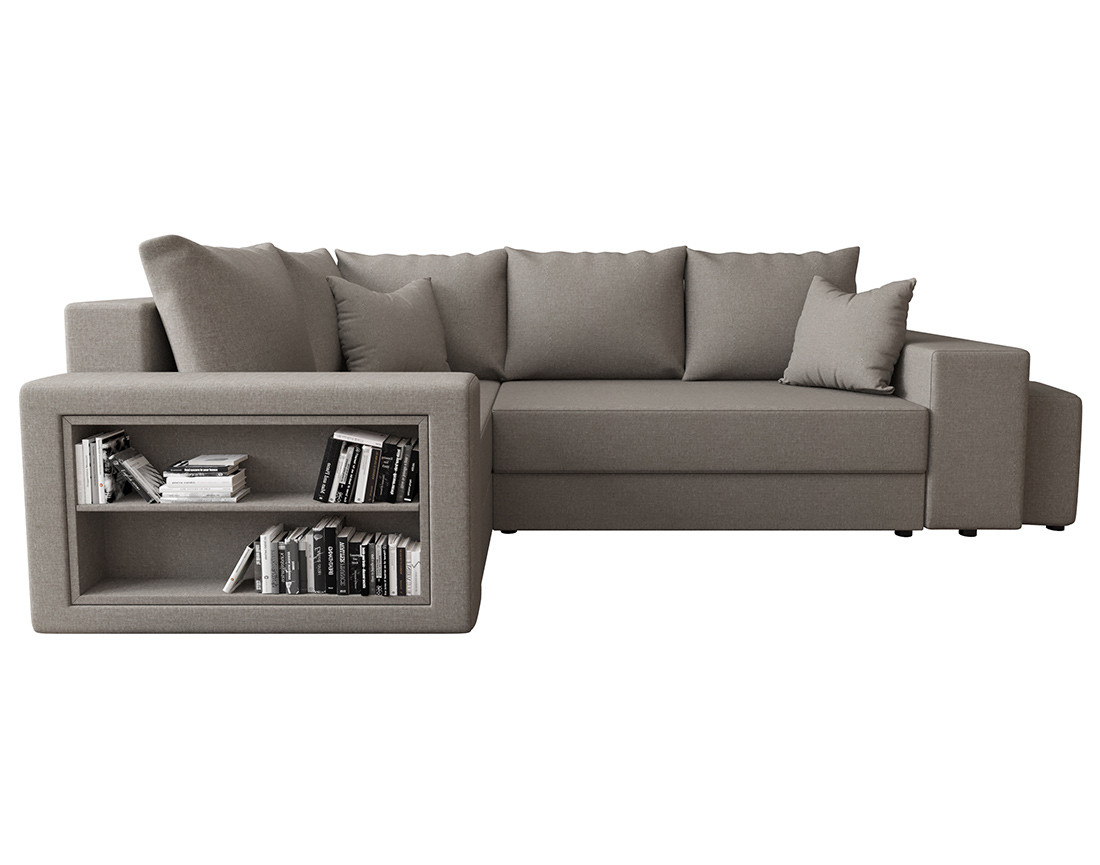 Canapé d'angle gauche 4 places convertible avec coffre, étagère et poufs en tissu Libbie