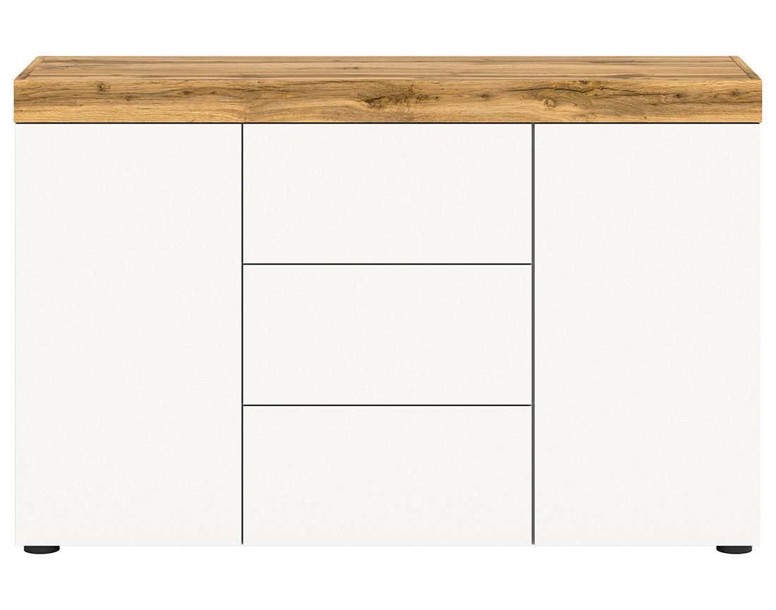 Buffet bas 2 portes et 3 tiroirs blanc et bois 125 cm Olivier
