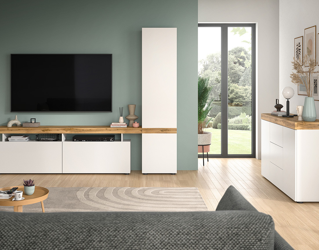 Buffet bas 2 portes et 3 tiroirs blanc et bois 125 cm Olivier