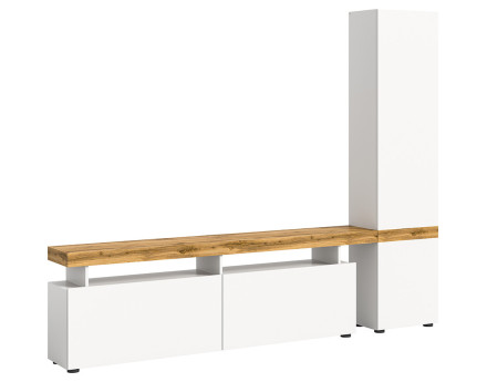 Meuble tv avec armoire 3 portes blanc et bois 235x190 cm Olivier