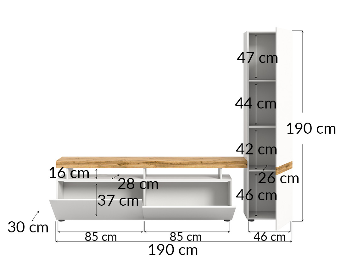 Meuble tv avec armoire 3 portes blanc et bois 235x190 cm Olivier