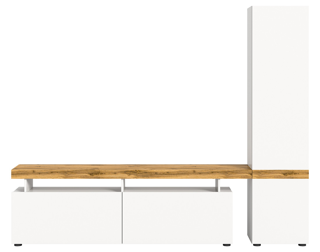 Meuble tv avec armoire 3 portes blanc et bois 235x190 cm Olivier