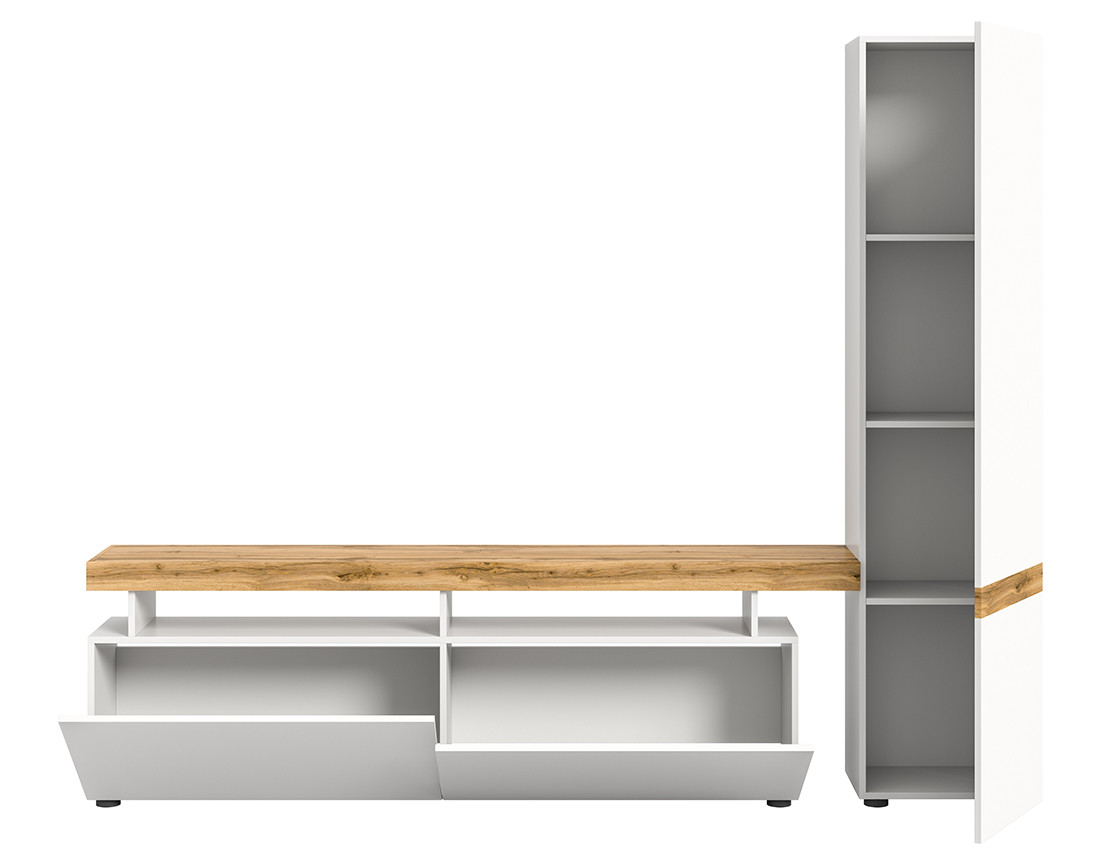 Meuble tv avec armoire 3 portes blanc et bois 235x190 cm Olivier