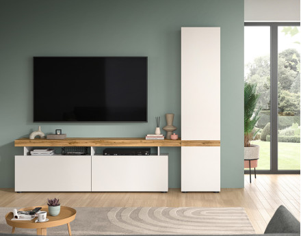 Meuble tv avec armoire 3 portes blanc et bois 235x190 cm Olivier