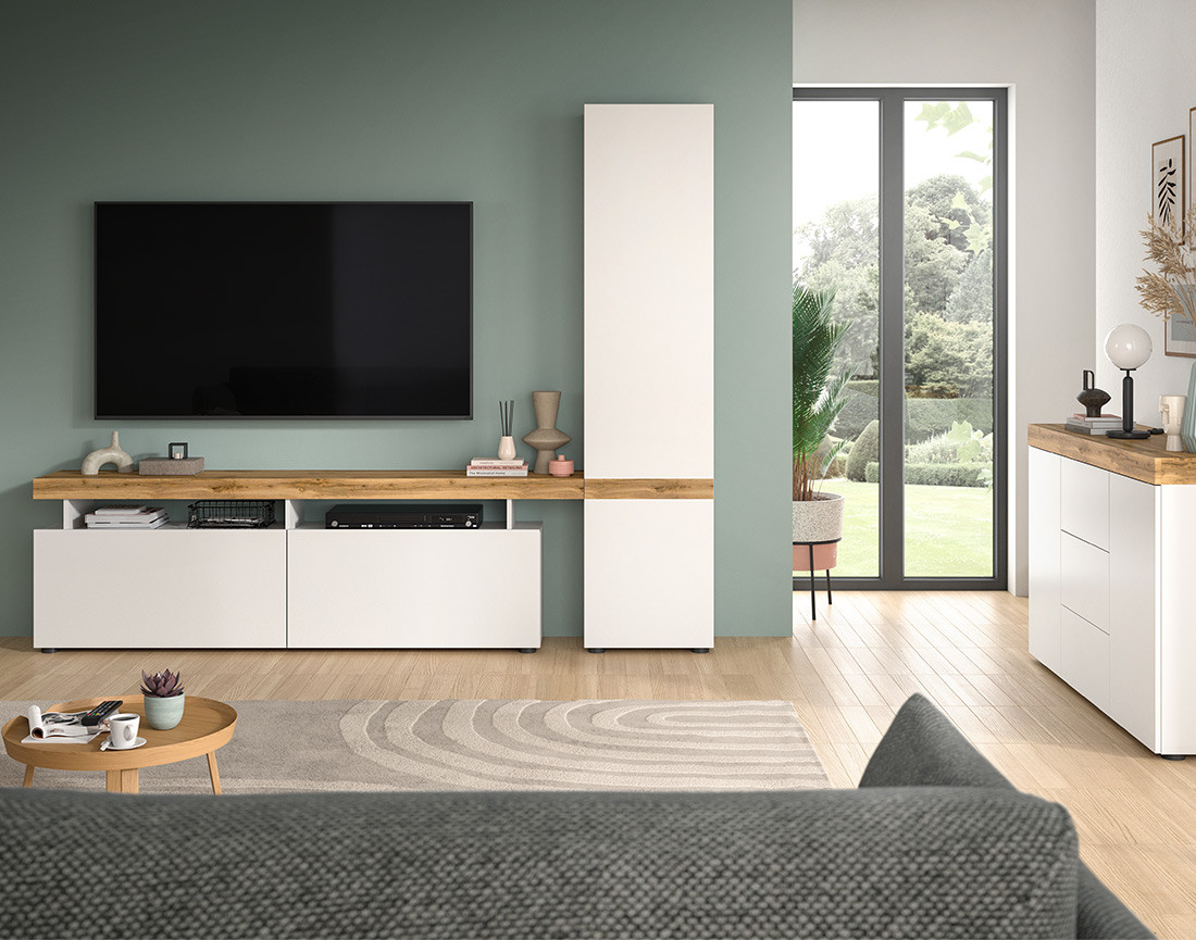Meuble tv avec armoire 3 portes blanc et bois 235x190 cm Olivier