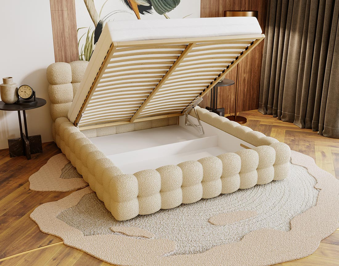 Lit coffre 160x200 cm sommier inclus en tissu bouclette Darling