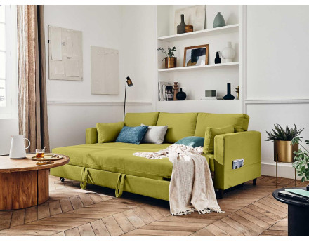 Canapé droit 3 places convertible avec poche en velours Anna