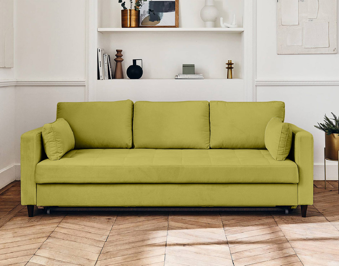 Canapé droit 3 places convertible avec poche en velours Anna