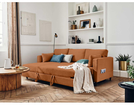 Canapé droit 3 places convertible avec poche en velours Anna