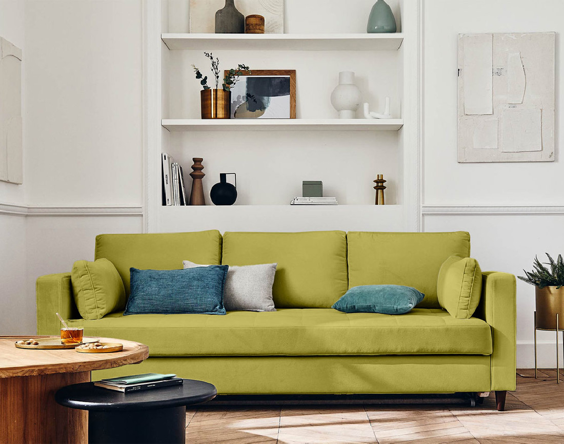 Canapé droit 3 places convertible avec poche en velours Anna