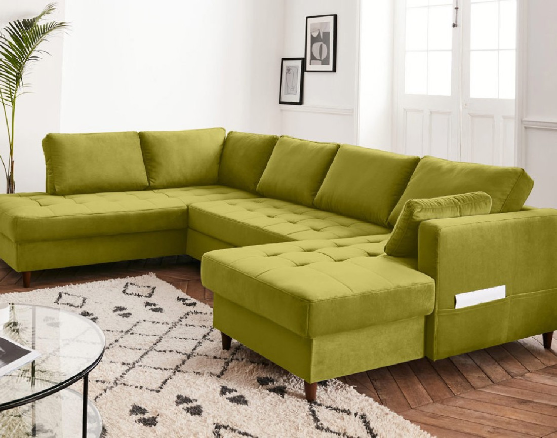 Canapé panoramique d'angle gauche 7 places convertible avec coffre en velours Anna