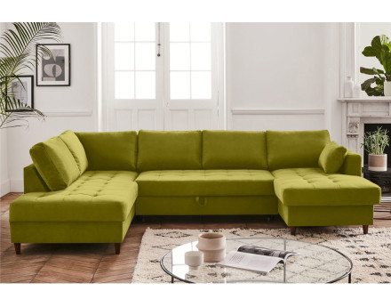Canapé panoramique d'angle gauche 7 places convertible avec coffre en velours Anna