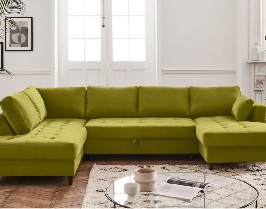 Canapé panoramique d'angle gauche 7 places convertible avec coffre en velours Anna