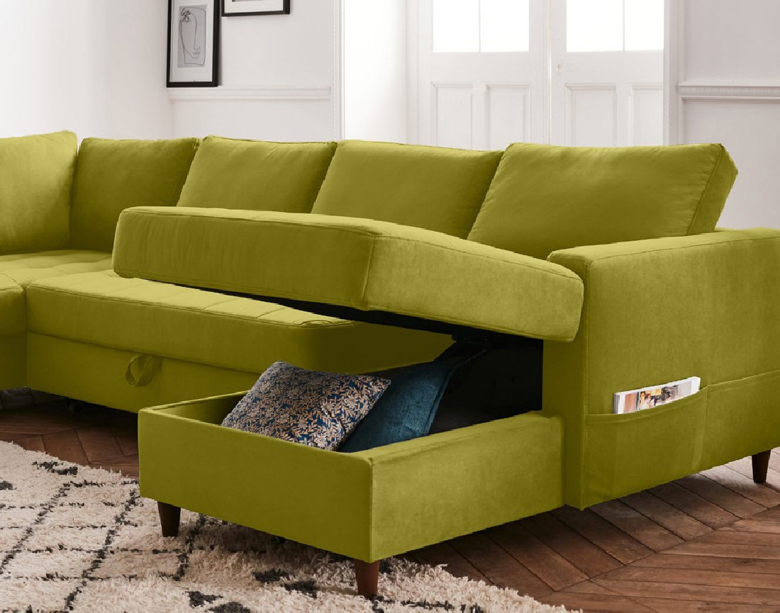 Canapé panoramique d'angle gauche 7 places convertible avec coffre en velours Anna
