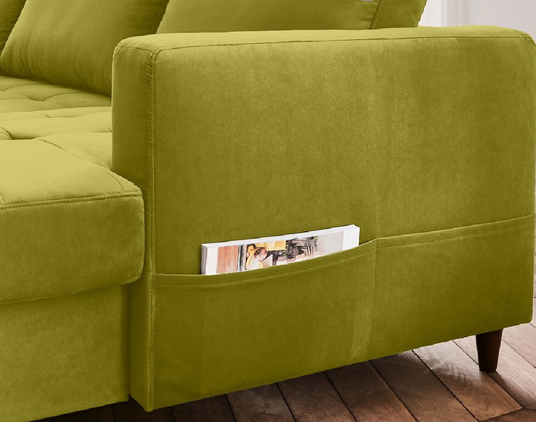 Canapé panoramique d'angle gauche 7 places convertible avec coffre en velours Anna