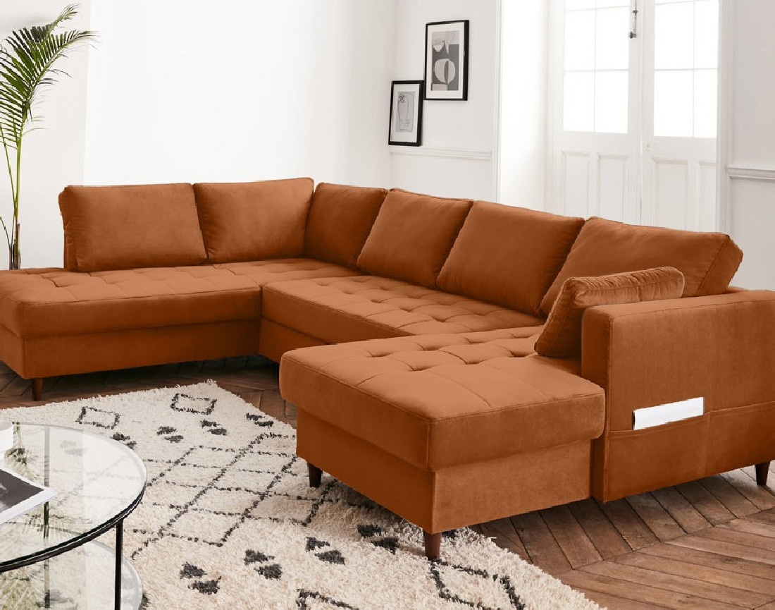 Canapé panoramique d'angle gauche 7 places convertible avec coffre en velours Anna