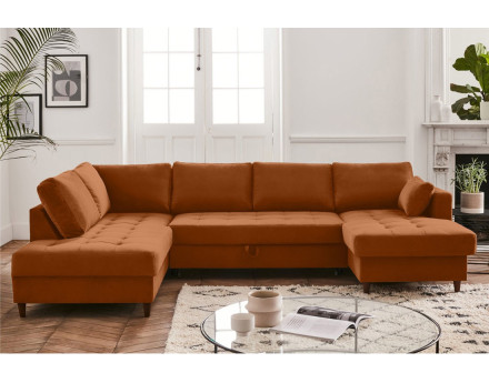 Canapé panoramique d'angle gauche 7 places convertible avec coffre en velours Anna