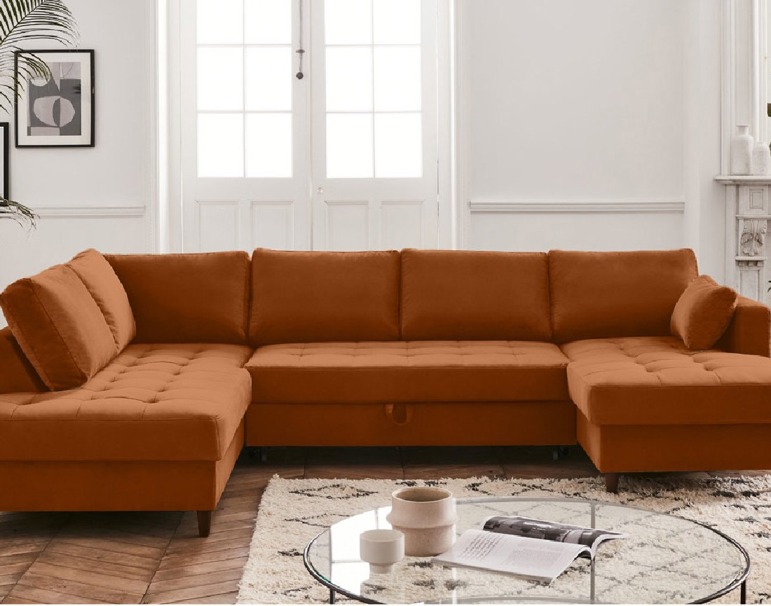 Canapé panoramique d'angle gauche 7 places convertible avec coffre en velours Anna