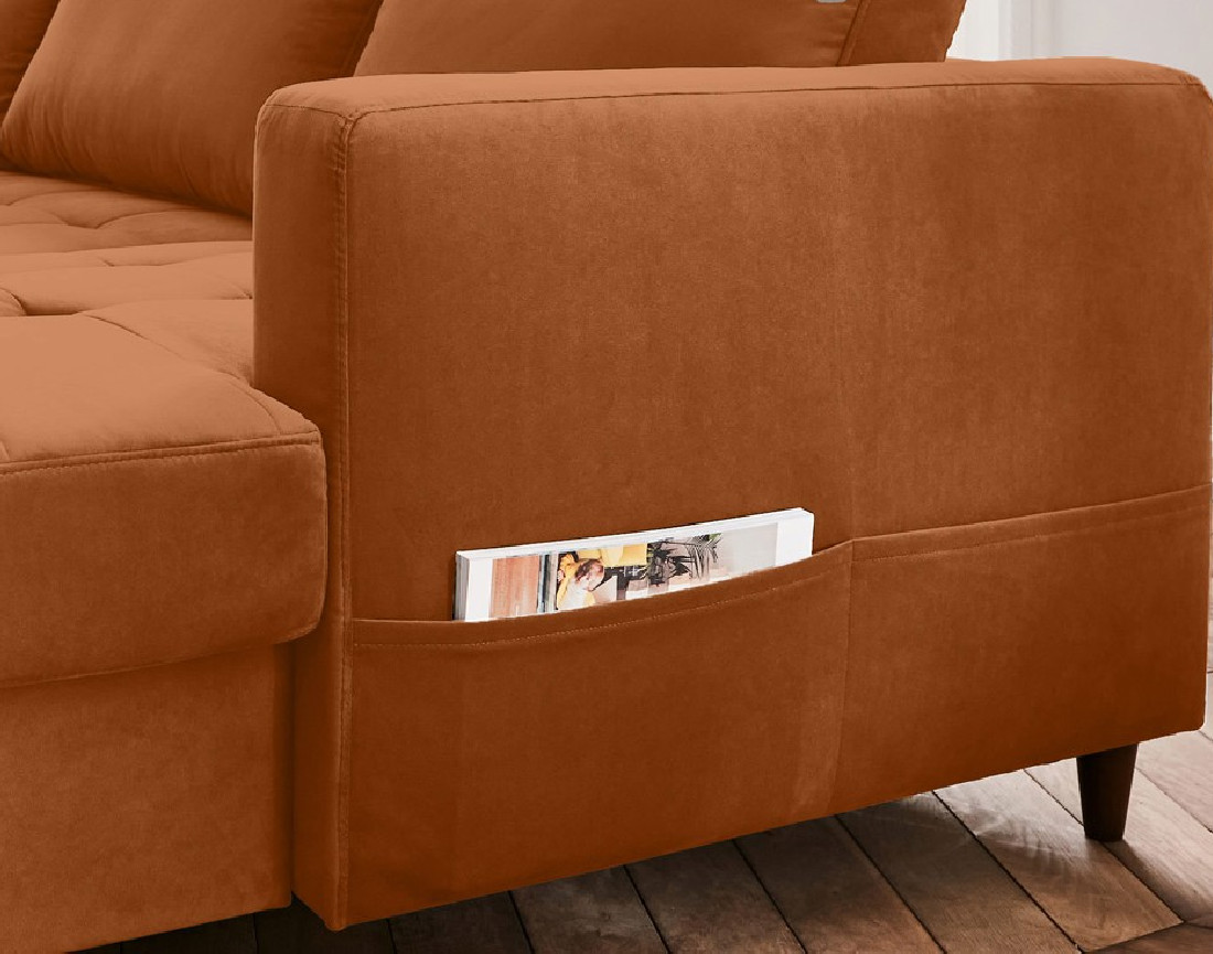 Canapé panoramique d'angle gauche 7 places convertible avec coffre en velours Anna