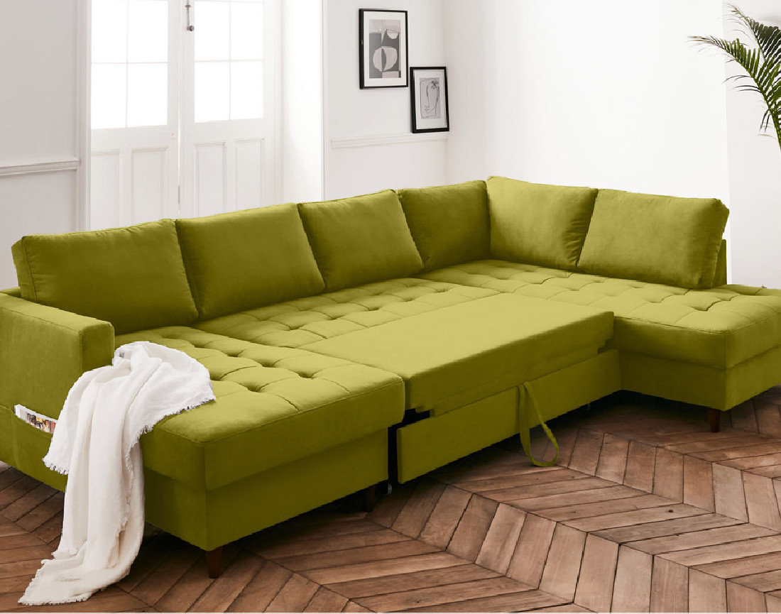 Canapé panoramique d'angle droit 7 places convertible avec coffre en velours Anna