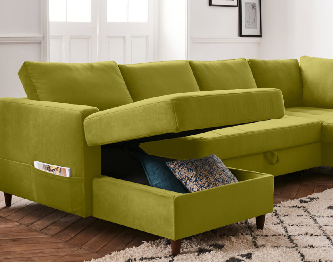 Canapé panoramique d'angle droit 7 places convertible avec coffre en velours Anna