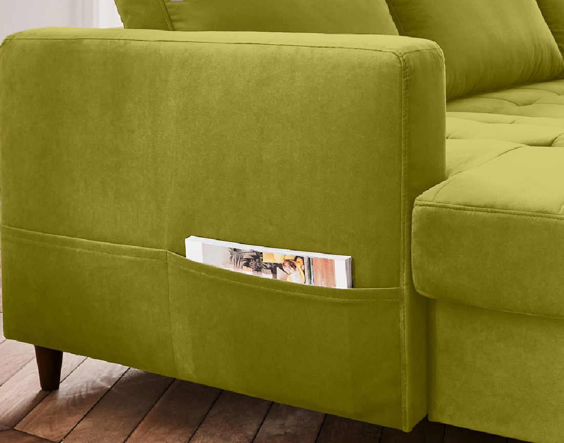 Canapé panoramique d'angle droit 7 places convertible avec coffre en velours Anna