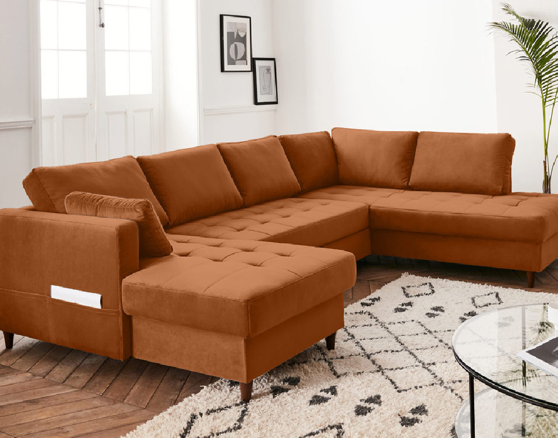 Canapé panoramique d'angle droit 7 places convertible avec coffre en velours Anna