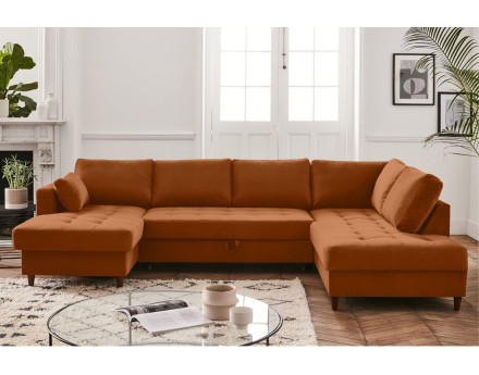 Canapé panoramique d'angle droit 7 places convertible avec coffre en velours Anna