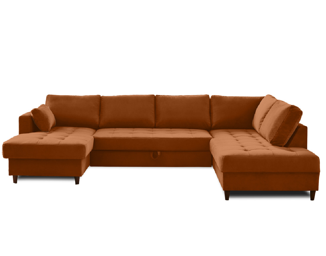 Canapé panoramique d'angle droit 7 places convertible avec coffre en velours Anna