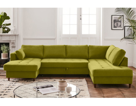 Canapé panoramique d'angle droit 7 places convertible avec coffre en velours Anna