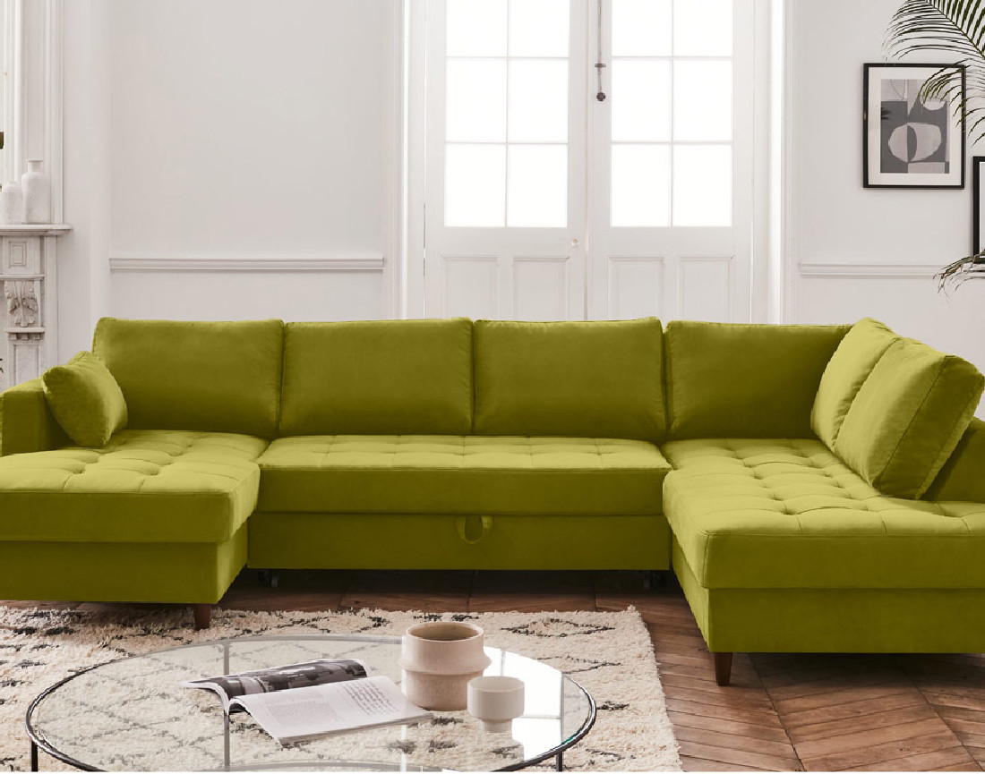 Canapé panoramique d'angle droit 7 places convertible avec coffre en velours Anna