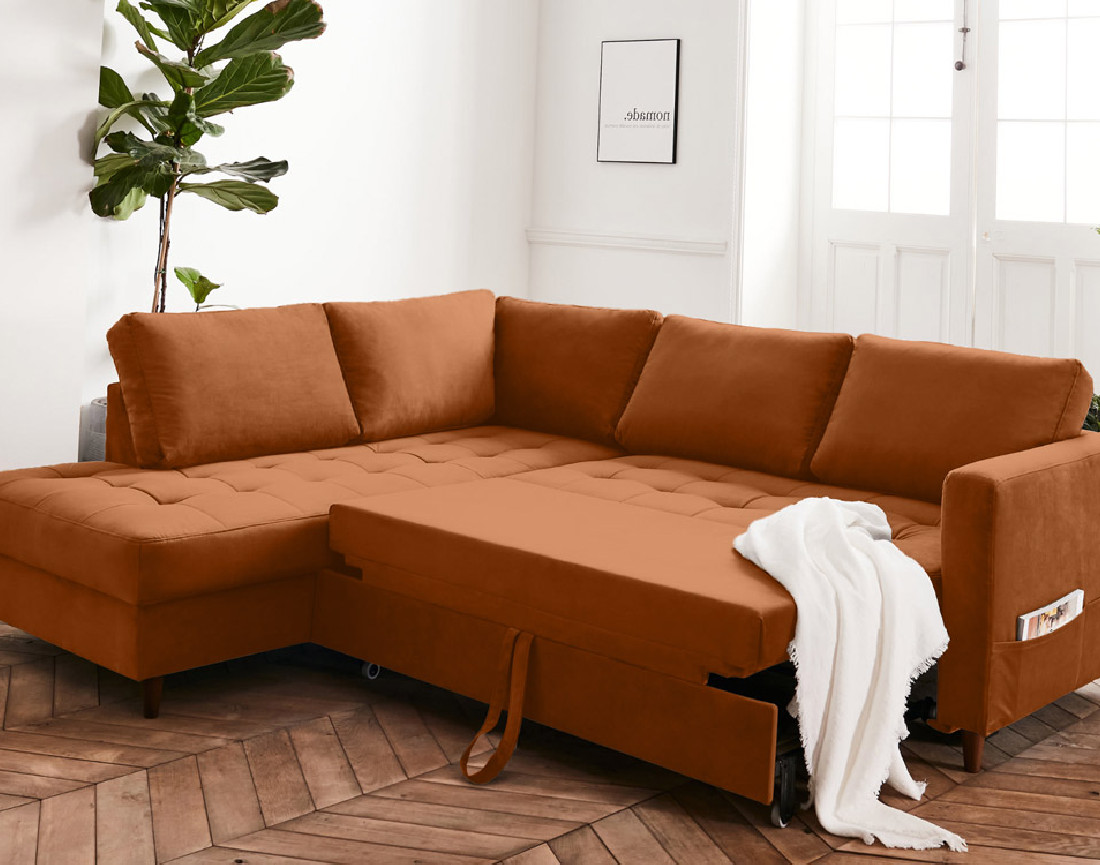 Canapé d'angle gauche 5 places convertible en velours Anna