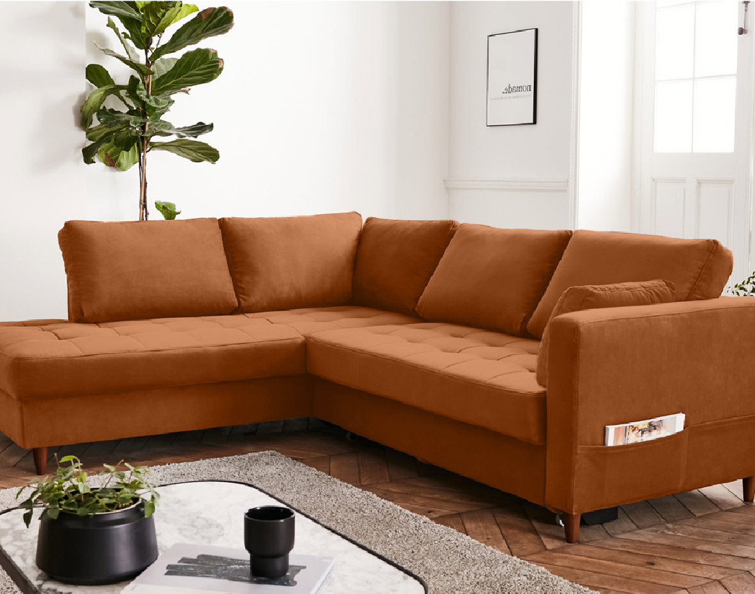 Canapé d'angle gauche 5 places convertible en velours Anna