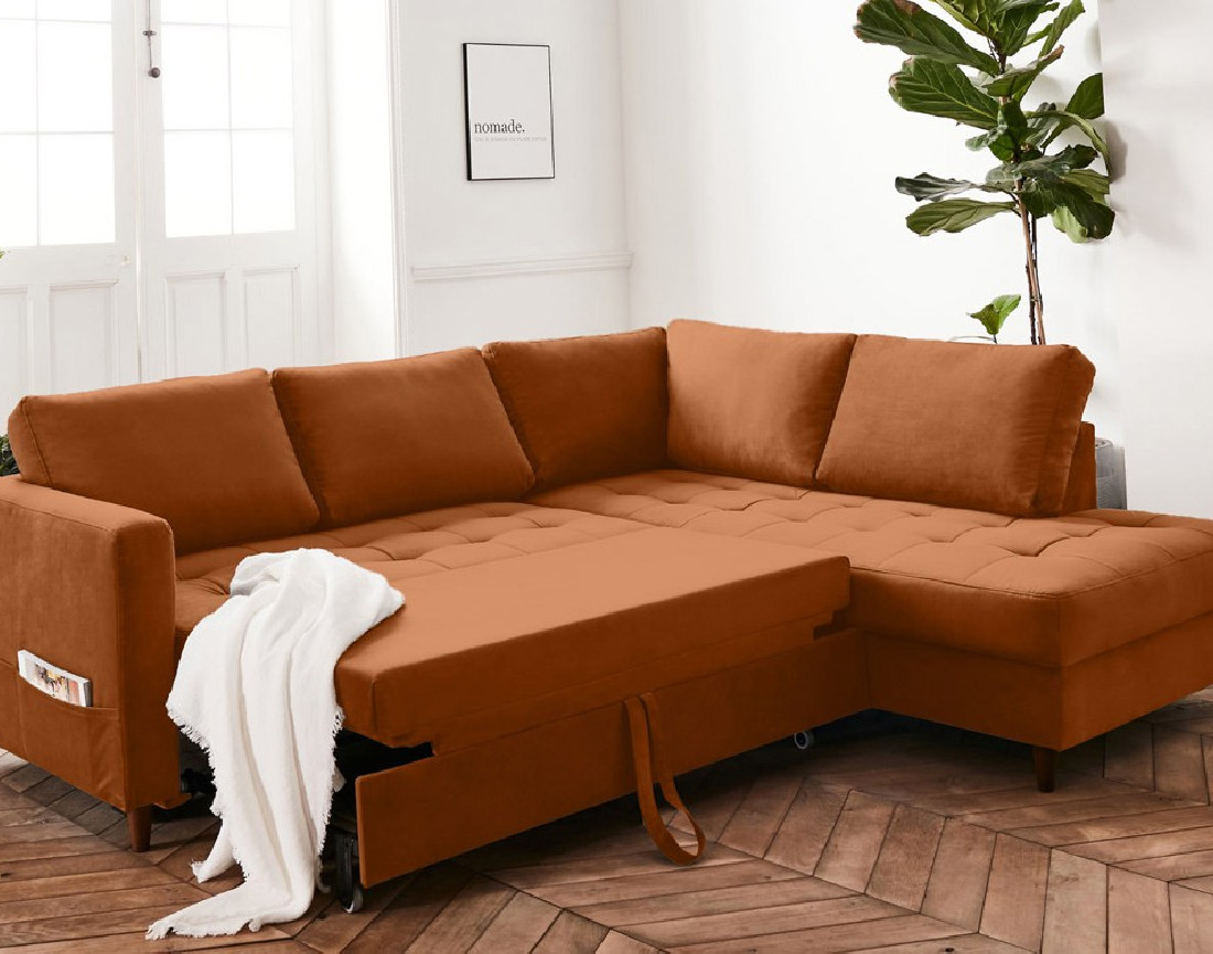 Canapé d'angle droit 5 places convertible en velours Anna